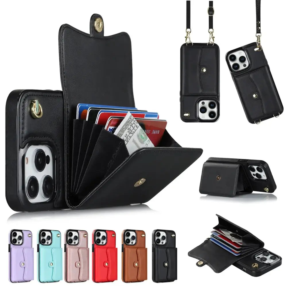 Black leather crossbody phone wallet with flap closure card slots and detachable strap for easy carrying