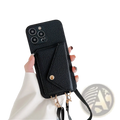 Black textured crossbody card holder phone case with front pocket and adjustable strap for hands-free carry