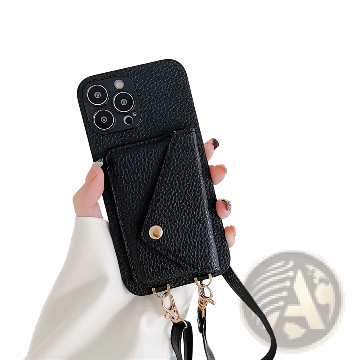 Black textured crossbody card holder phone case with front pocket and adjustable strap for hands-free carry