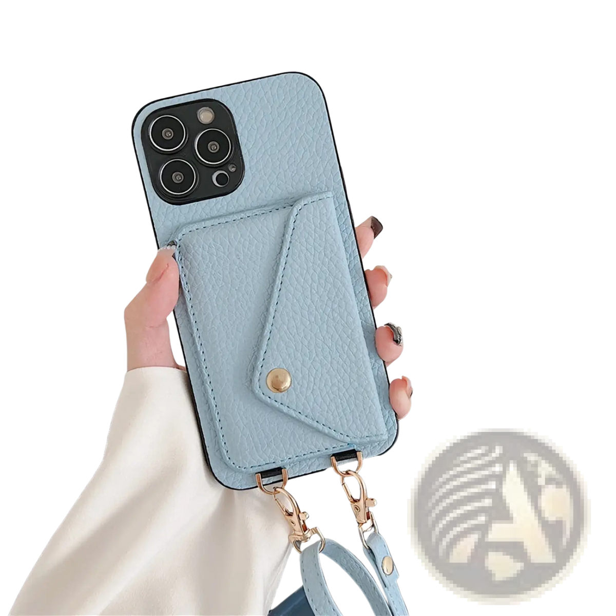 Light blue textured leather crossbody card holder phone case with front card pocket and detachable strap