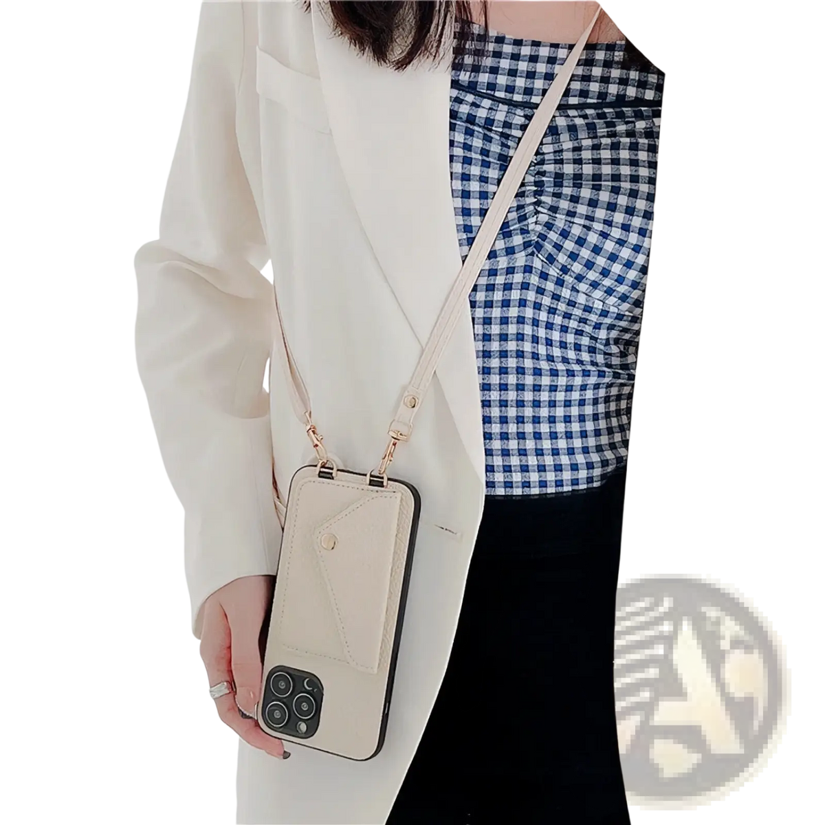 Beige crossbody card holder phone case with subtle textured finish and rose gold hardware accents with strap