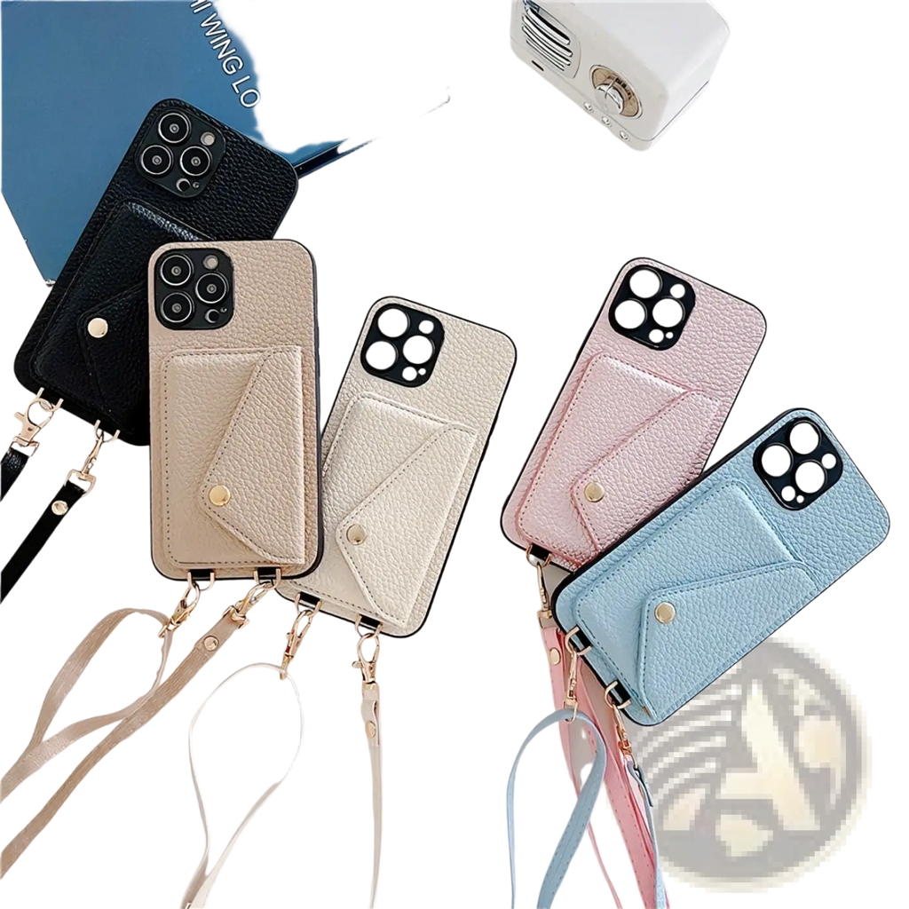 A collection of pastel and black leather crossbody card holder phone cases with straps and attached card slots
