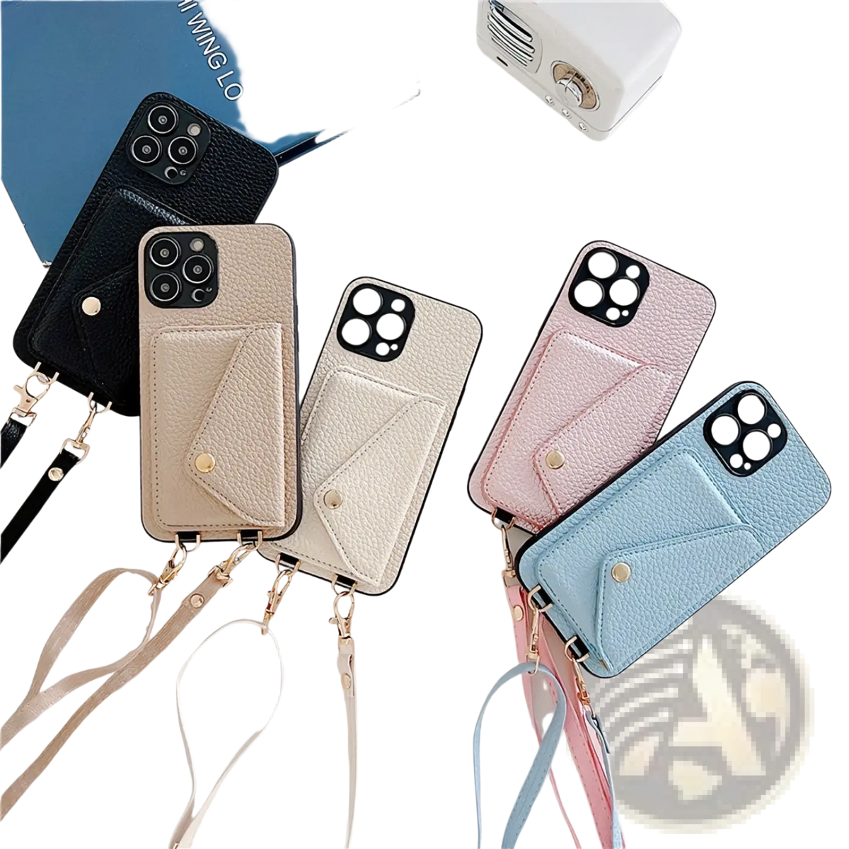 A collection of pastel and black leather crossbody card holder phone cases with straps and attached card slots