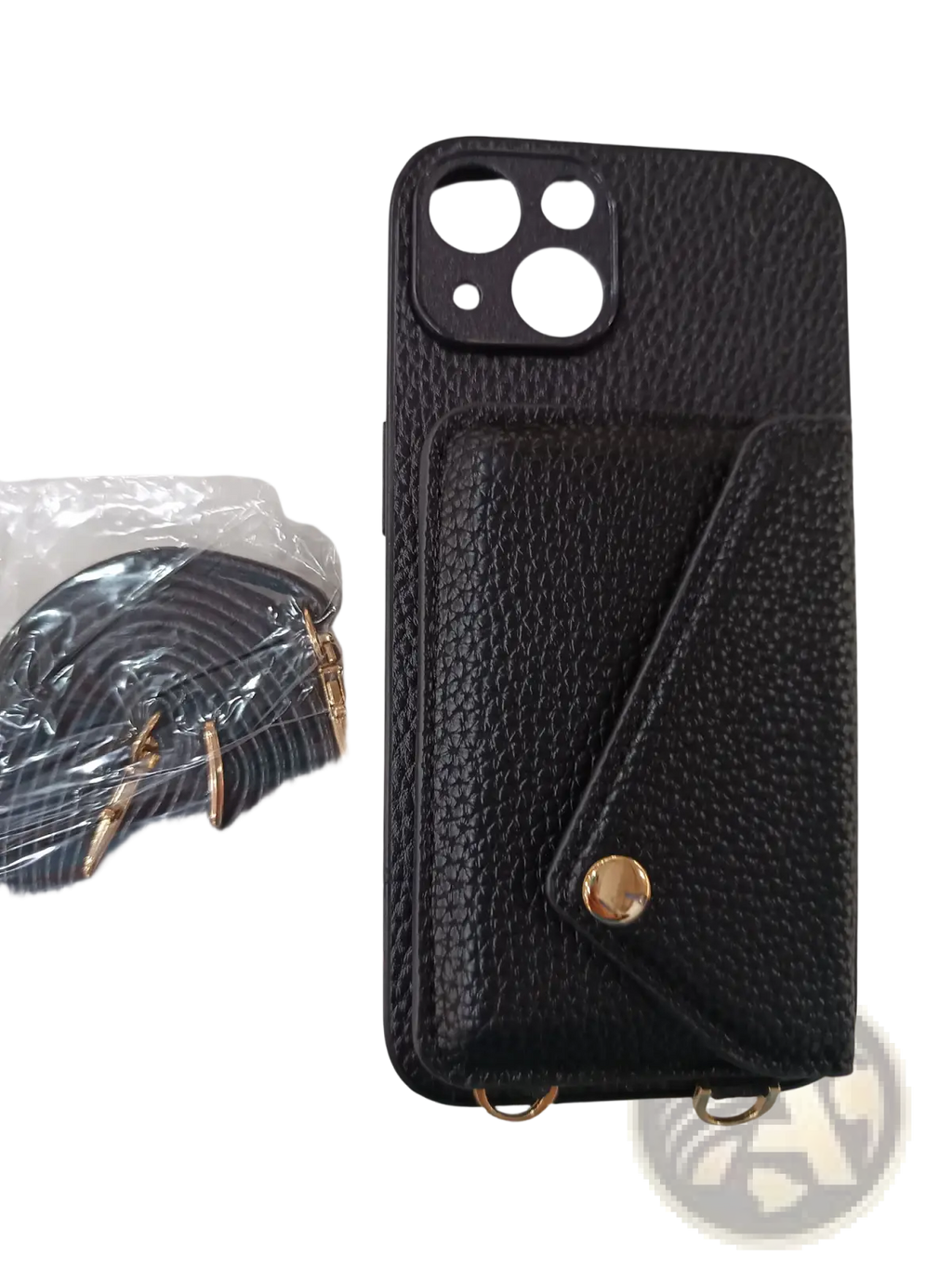 Black textured leather crossbody card holder phone case with gold-tone hardware and detachable strap shown from back side