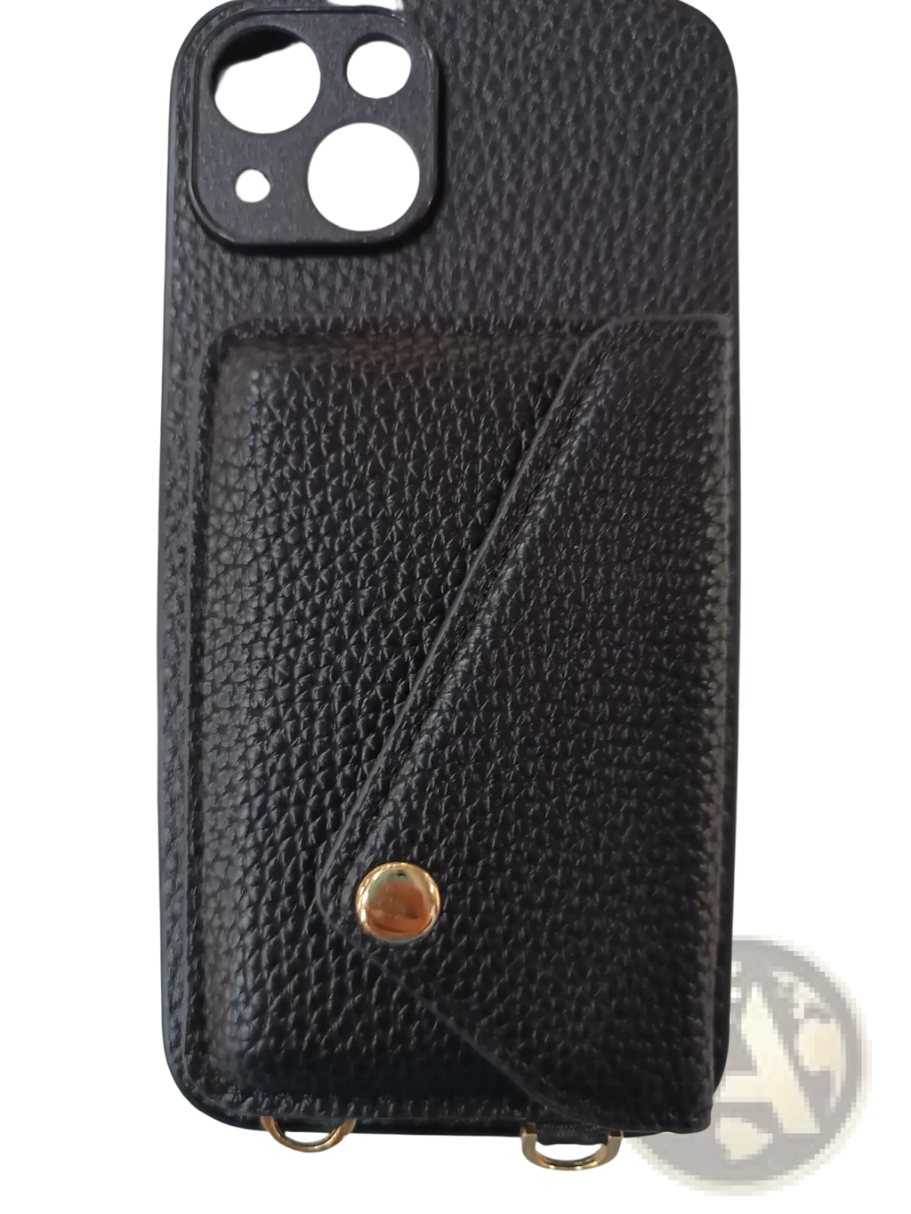 Black textured leather crossbody card holder phone case with strap gold-tone hardware and card slot visible from back side