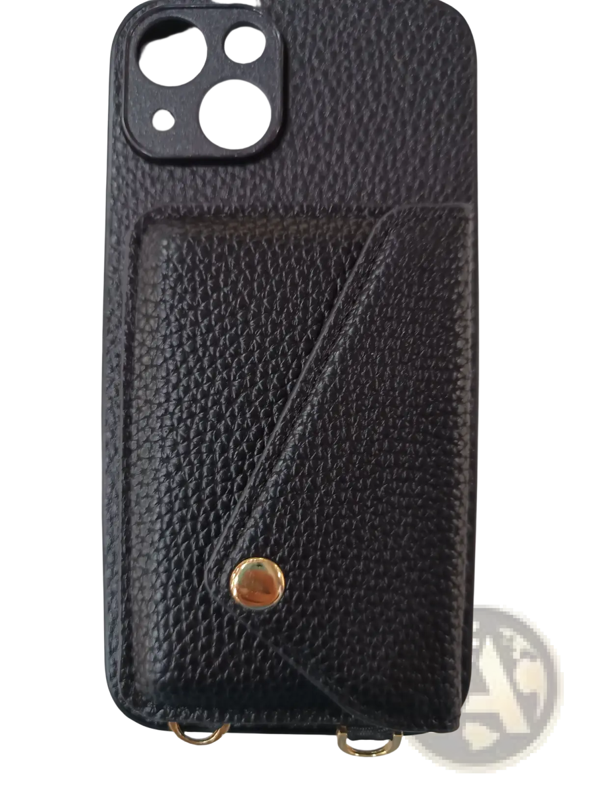 Black textured leather crossbody card holder phone case with strap gold-tone hardware and card slot visible from back side