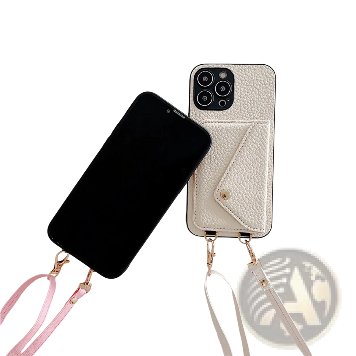 Cream-colored textured leather crossbody card holder phone case with front pocket and detachable strap