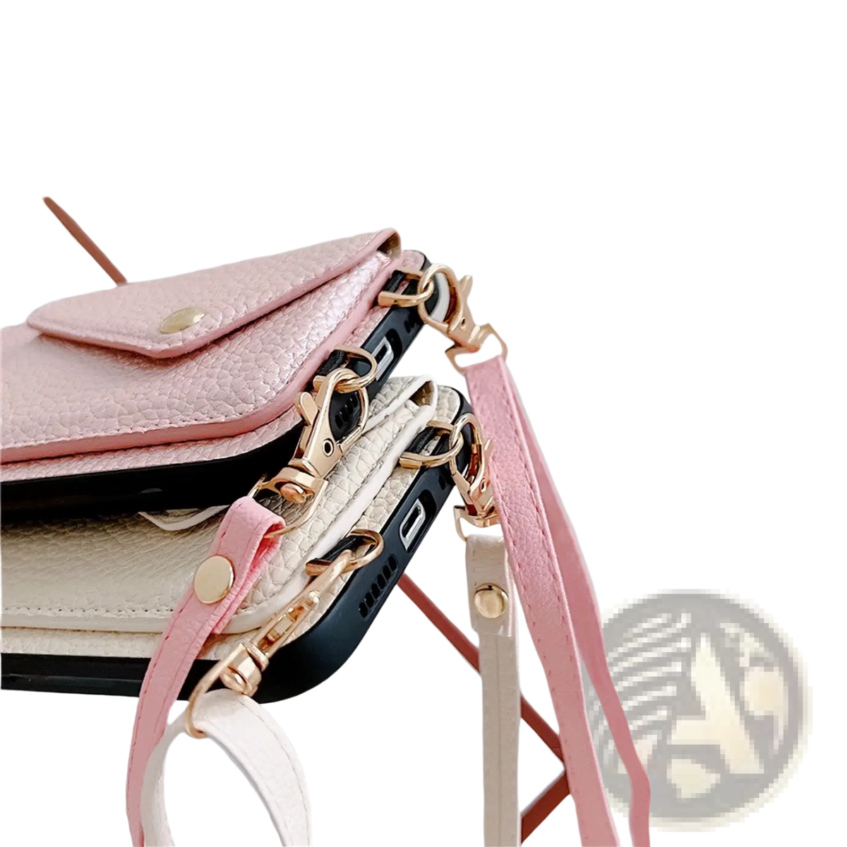 Pink textured leather crossbody card holder phone case with gold-tone hardware and matching strap shown from back side