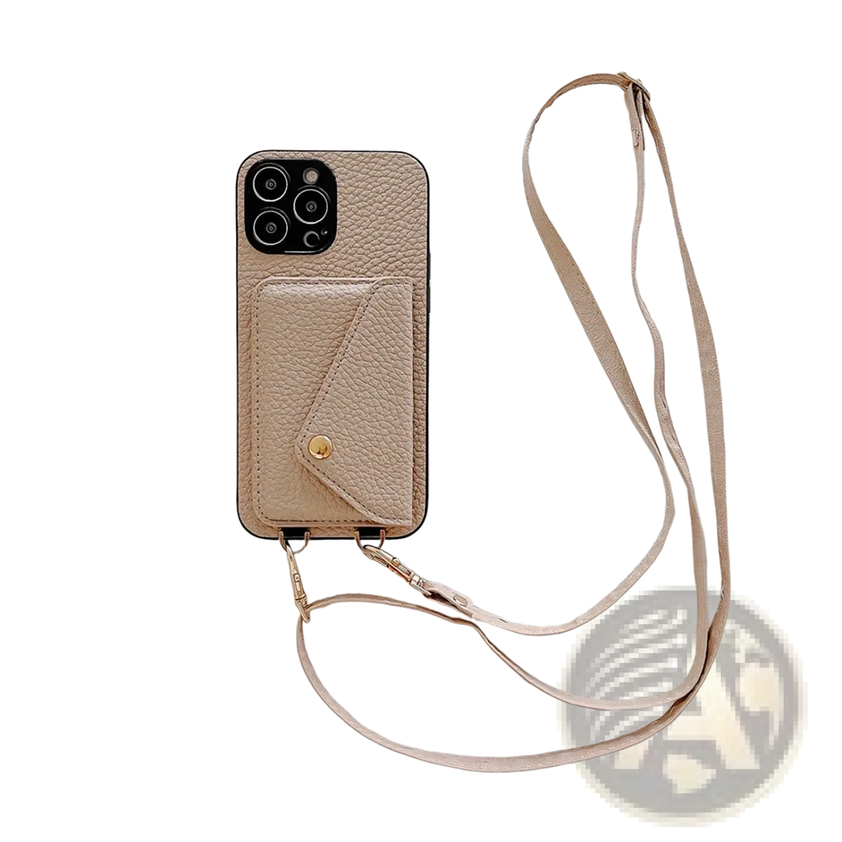 Beige textured leather crossbody card holder phone case with attached strap shown from the back side
