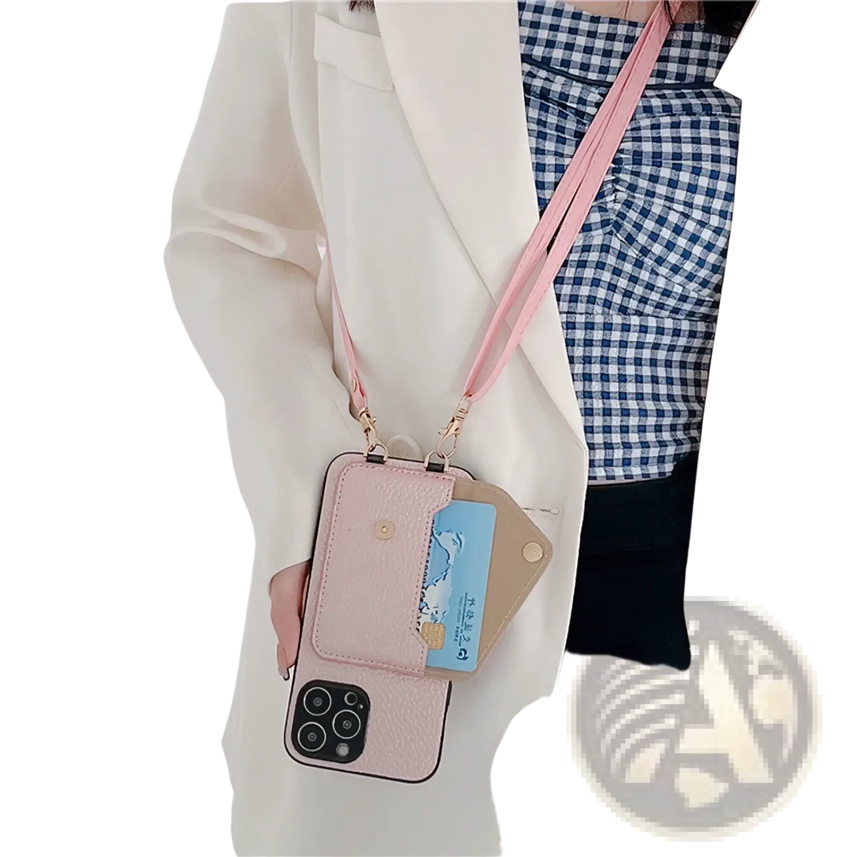 Pink leather crossbody card holder phone case with detachable strap and card slot designed for iphone use