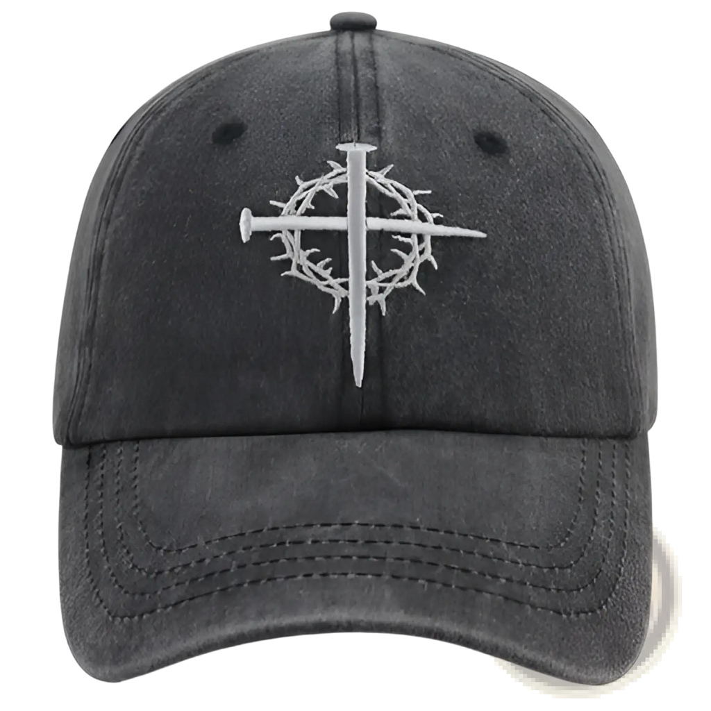 Dark gray distressed cotton baseball cap featuring a white embroidered cross with crown of thorns design