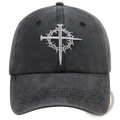 Dark gray distressed cotton baseball cap featuring a white embroidered cross with crown of thorns design