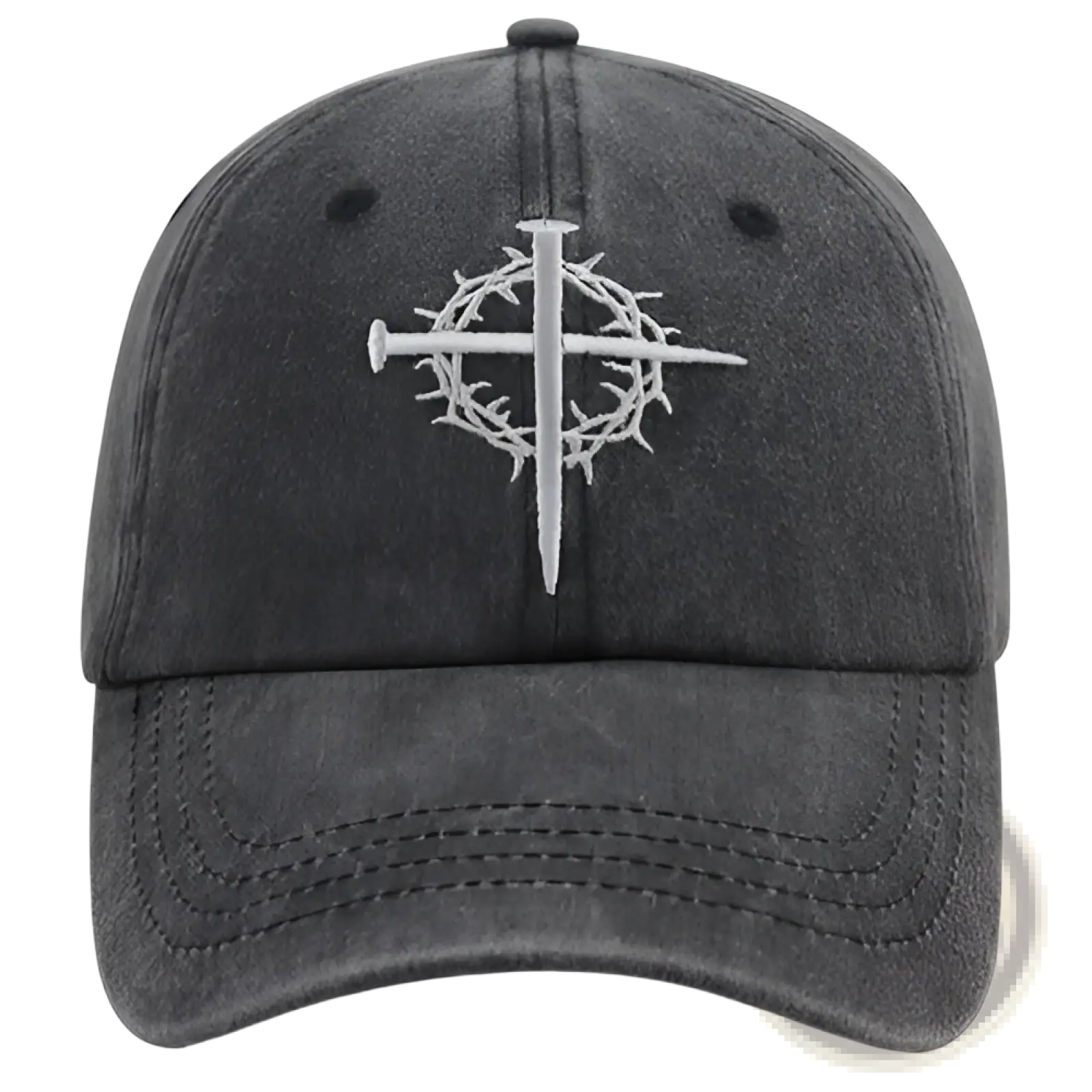 Dark gray distressed cotton baseball cap featuring a white embroidered cross with crown of thorns design