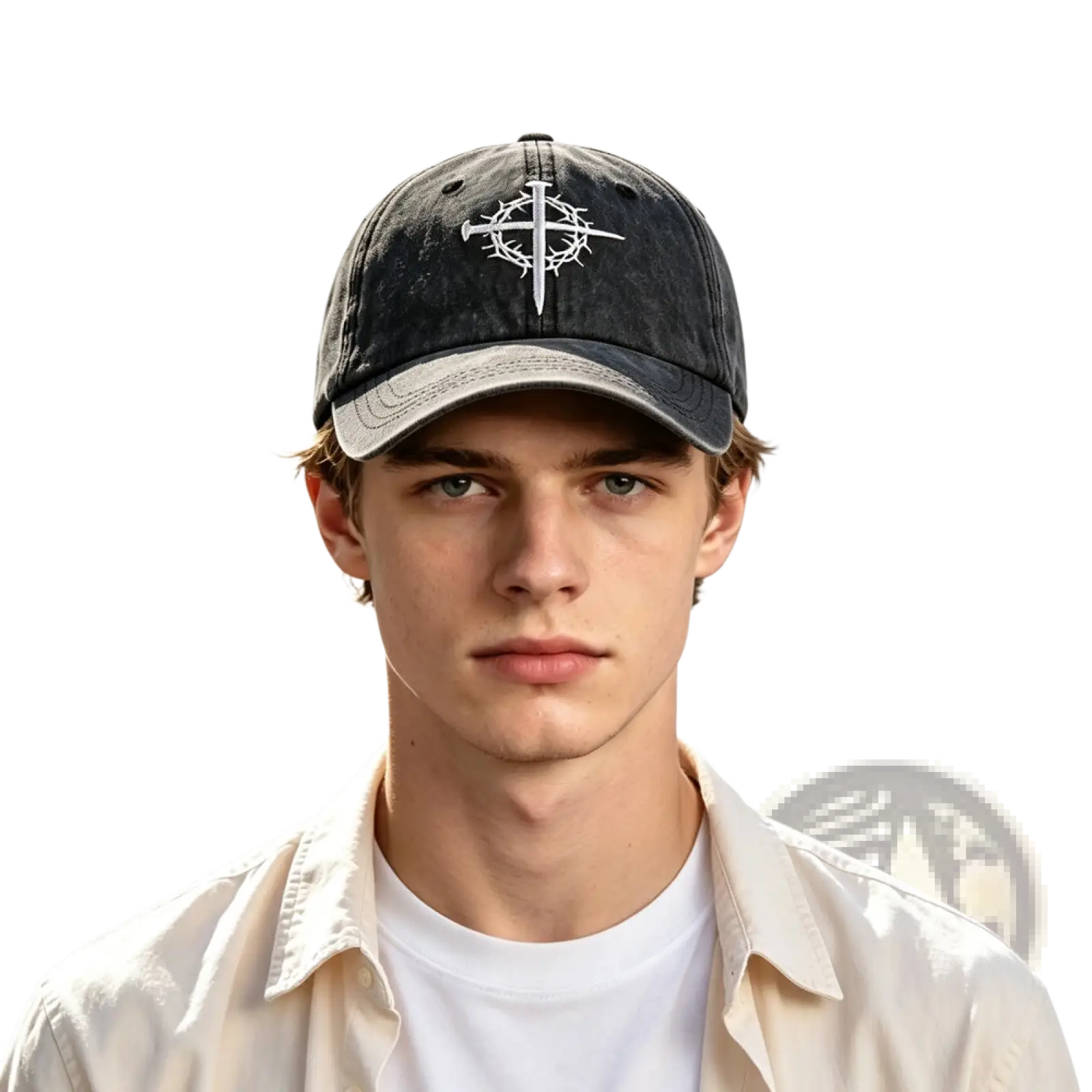 Black distressed baseball cap with white embroidered cross and crown of thorns design faith hat accessory