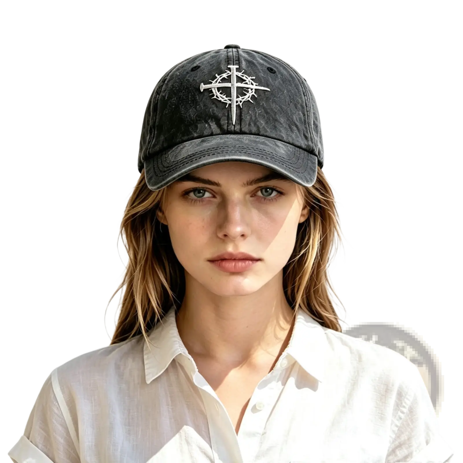 Black distressed baseball cap with white embroidered cross and crown of thorns design faith hat accessory