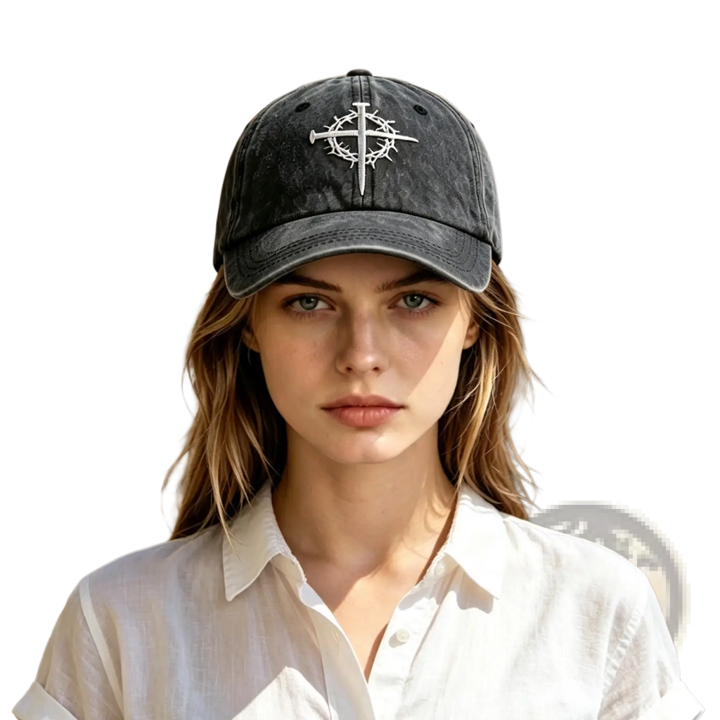 Black distressed baseball cap with white embroidered cross and crown of thorns design faith hat for casual wear