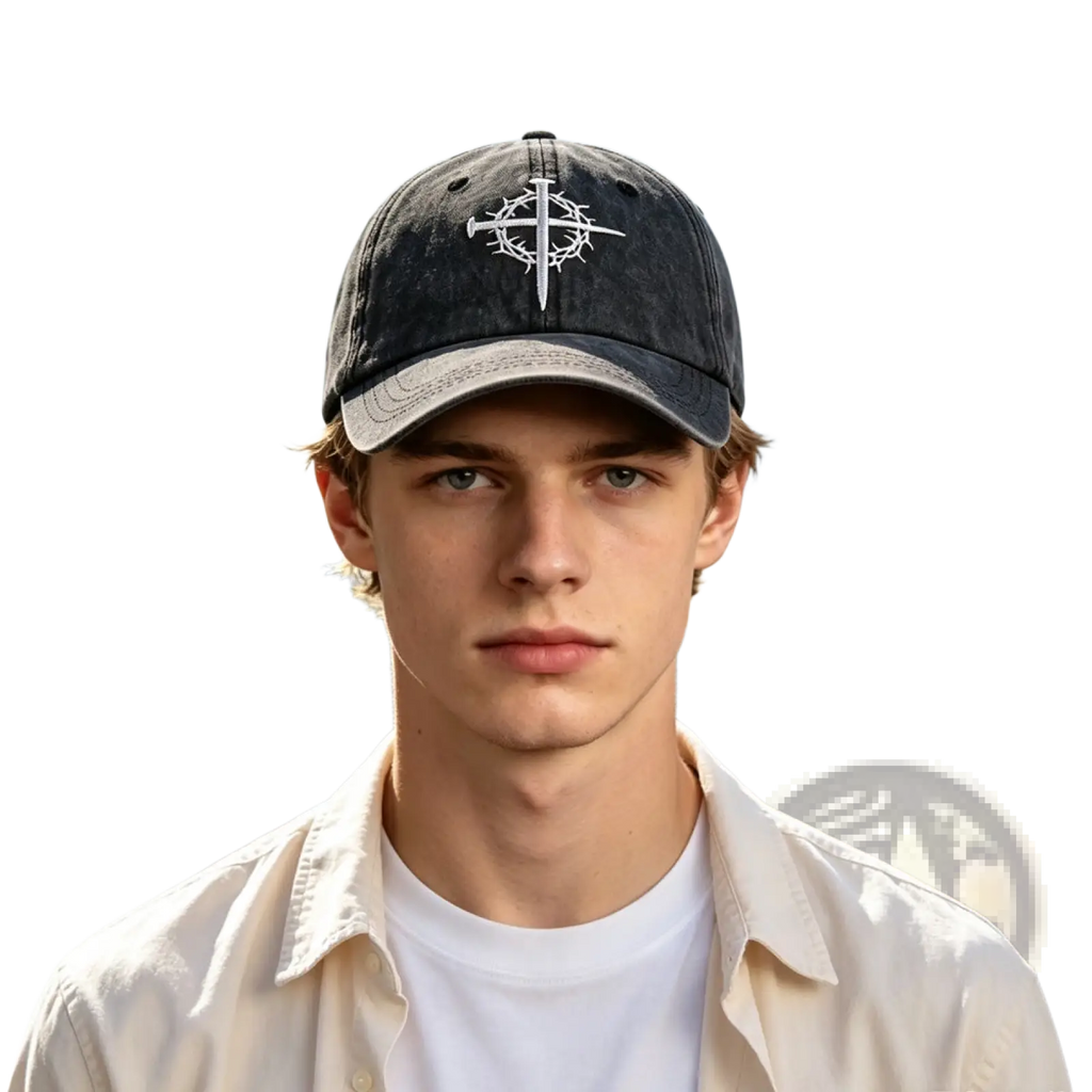 Dark gray distressed baseball cap with white embroidered cross and crown of thorns design faith hat