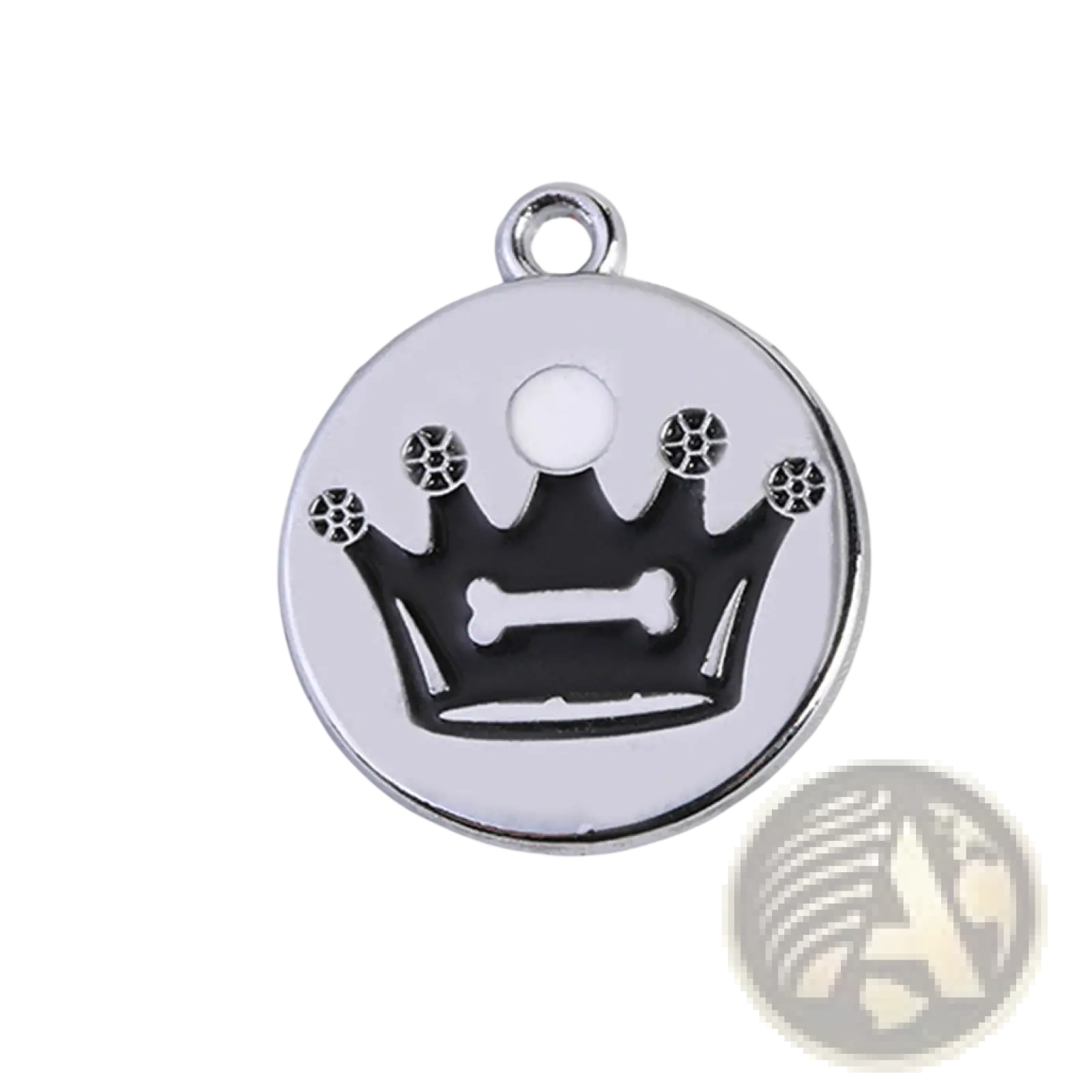 Silver circular pet id charm with black enamel crown and bone design center from crown enamel pet id tag 5 pack