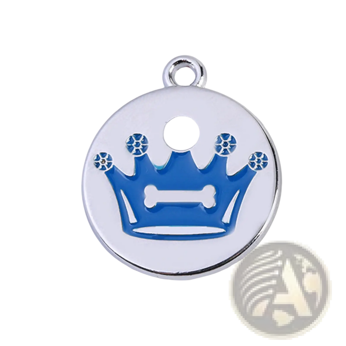 Silver circular pet id tag with blue enamel crown and central bone design in crown enamel pet id tag 5 pack