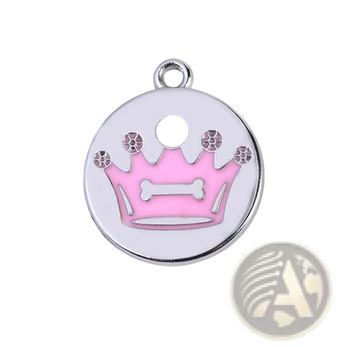 Pink enamel crown charm pet id tag with silver-toned metal frame and rhinestone accents in five pack set