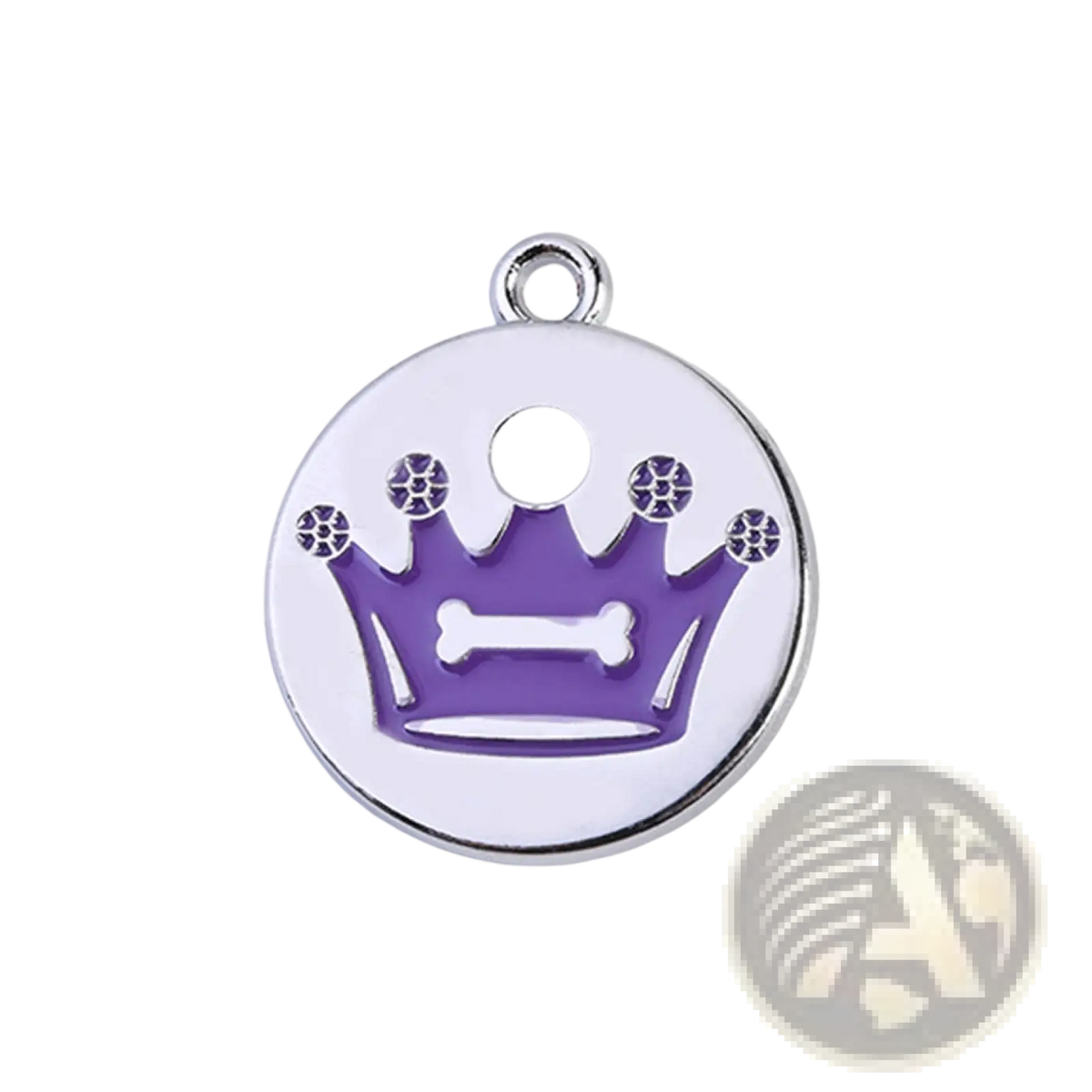 Purple enamel crown-shaped pet id tag with silver metal frame and central bone design in a 5 pack set