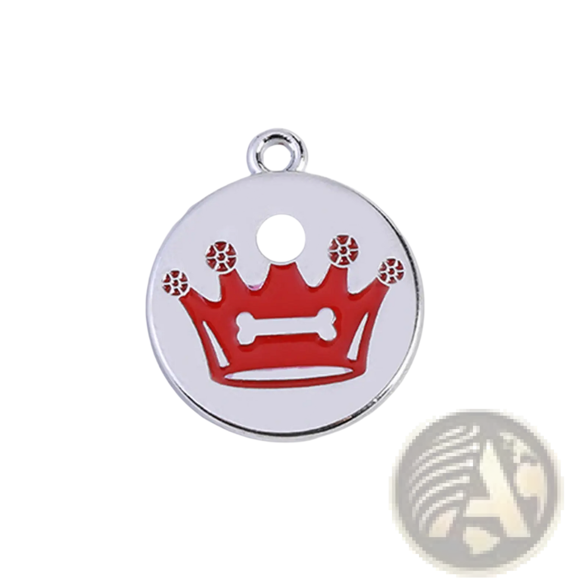 Silver circular pet ID tag from crown enamel 5 pack featuring a red crown with white bone and red decorative embellishments
