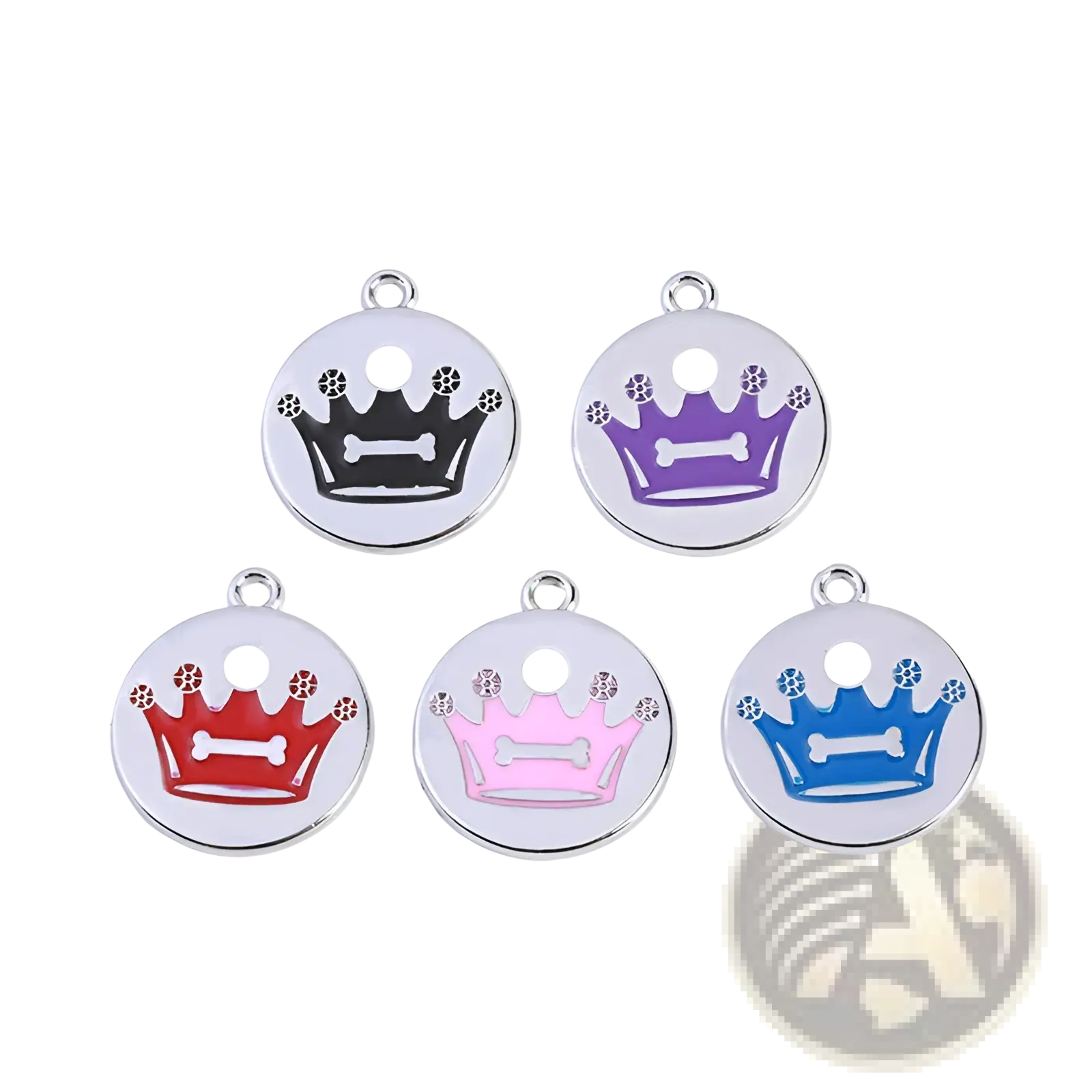 Five circular crown enamel pet id tags with engraved bone motif in black purple red pink and blue finishes