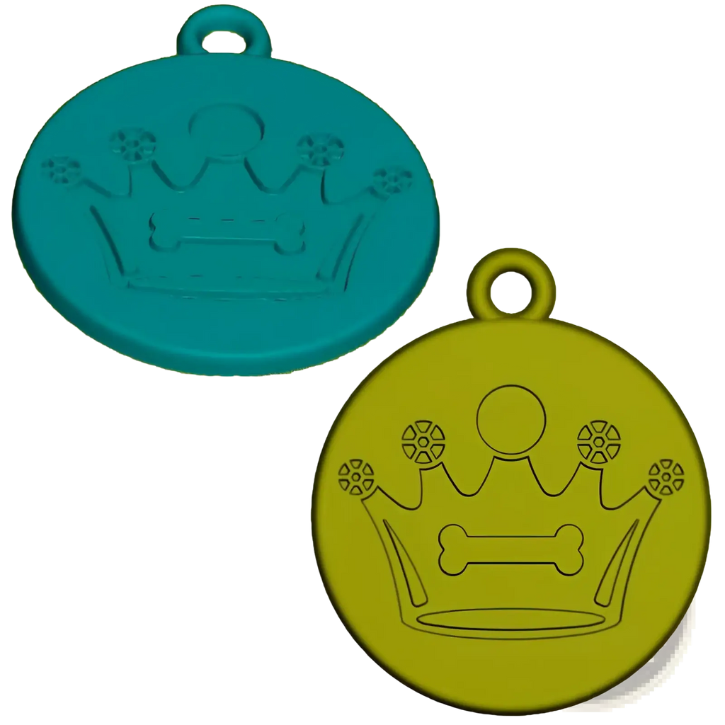Two circular enamel pet ID tags in teal and olive green embossed with a crown and bone design from Crown Enamel Pet Id Tag 5 Pack