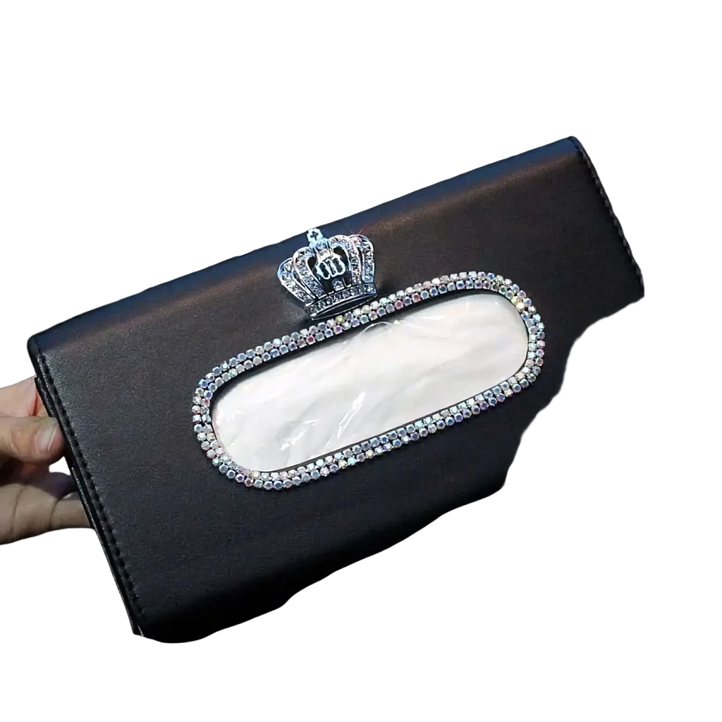 Black leather car tissue box holder with rhinestone oval opening and silver crown from crown leather car steering wheel cover set