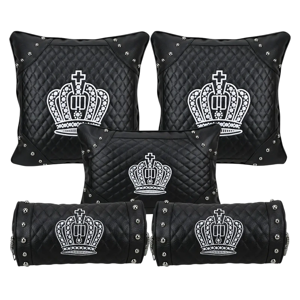 Set of black quilted leather car seat cushions with silver studs and embroidered white crown designs