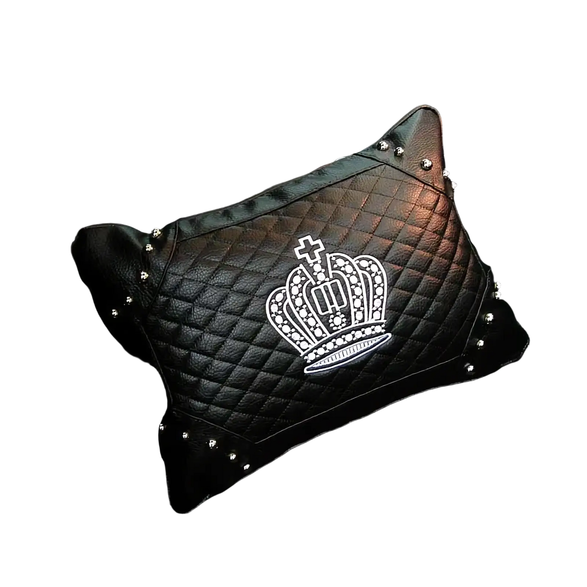 Black quilted leather car headrest pillow with white embroidered crown and silver studs from crown leather set