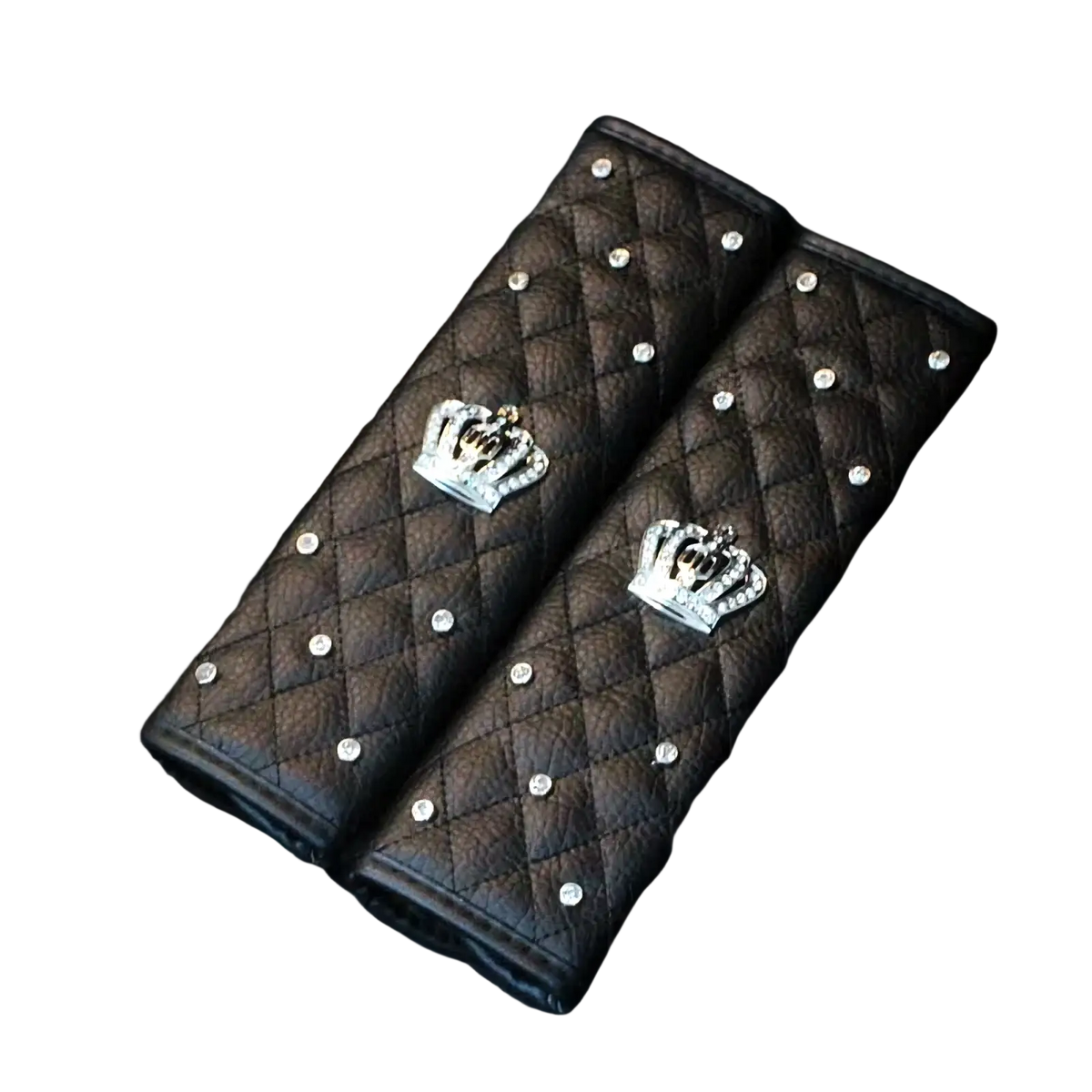 Black quilted leather seat belt protectors with silver rhinestone crowns and clear crystals for car steering wheel cover set