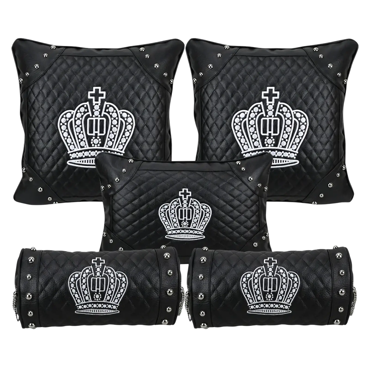 Set of black quilted leather car seat cushions with silver studs and embroidered white crown designs for car interior