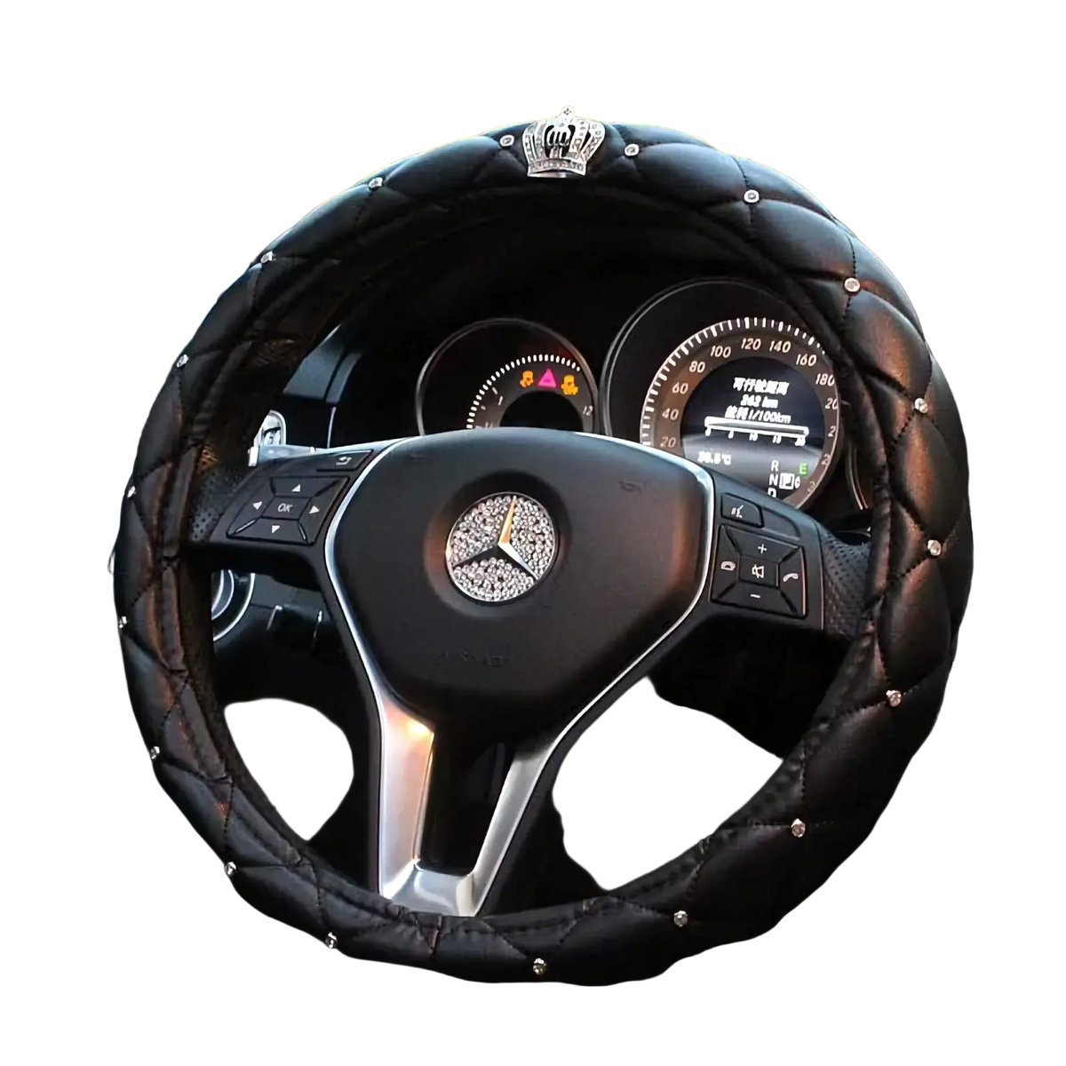 Black quilted leather car steering wheel cover set adorned with sparkling rhinestones and a crown emblem