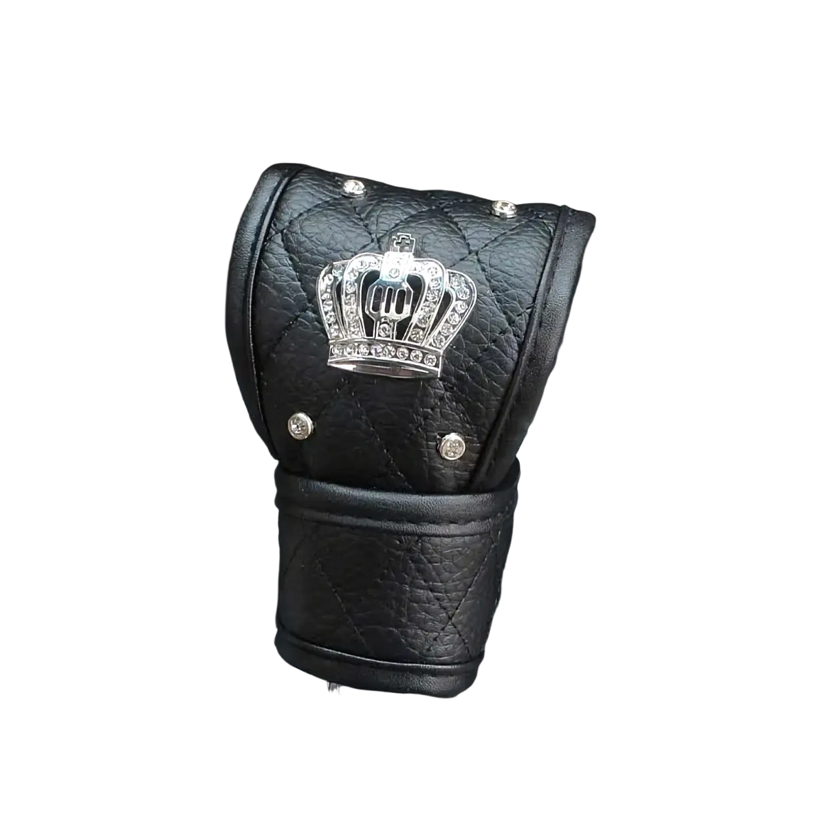 Black quilted leather gear shift knob with silver rhinestone crown and decorative studs from crown leather car steering wheel cover set