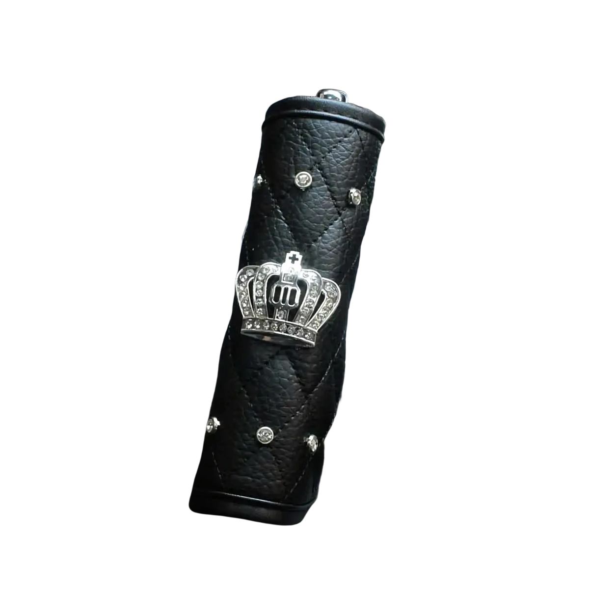 Black quilted leather gear shift knob cover with a silver crown embellishment and rhinestones for car interior