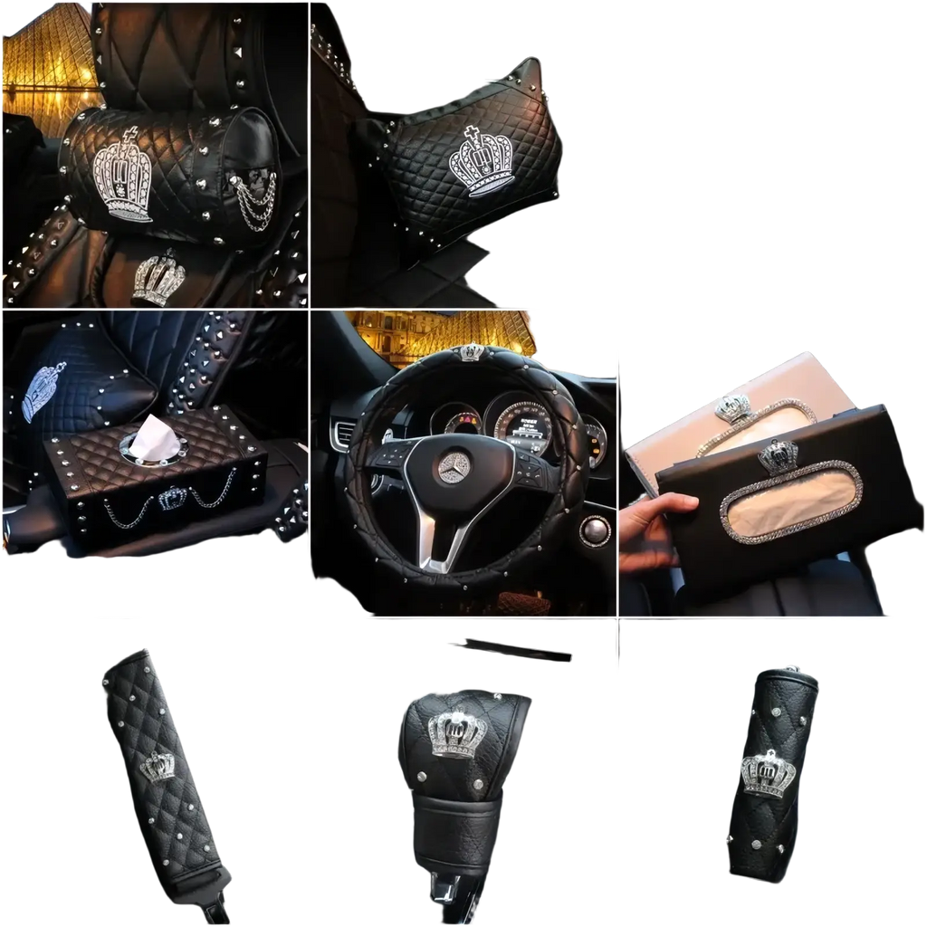 Black quilted leather car steering wheel cover set with silver crown and rhinestone embellishments
