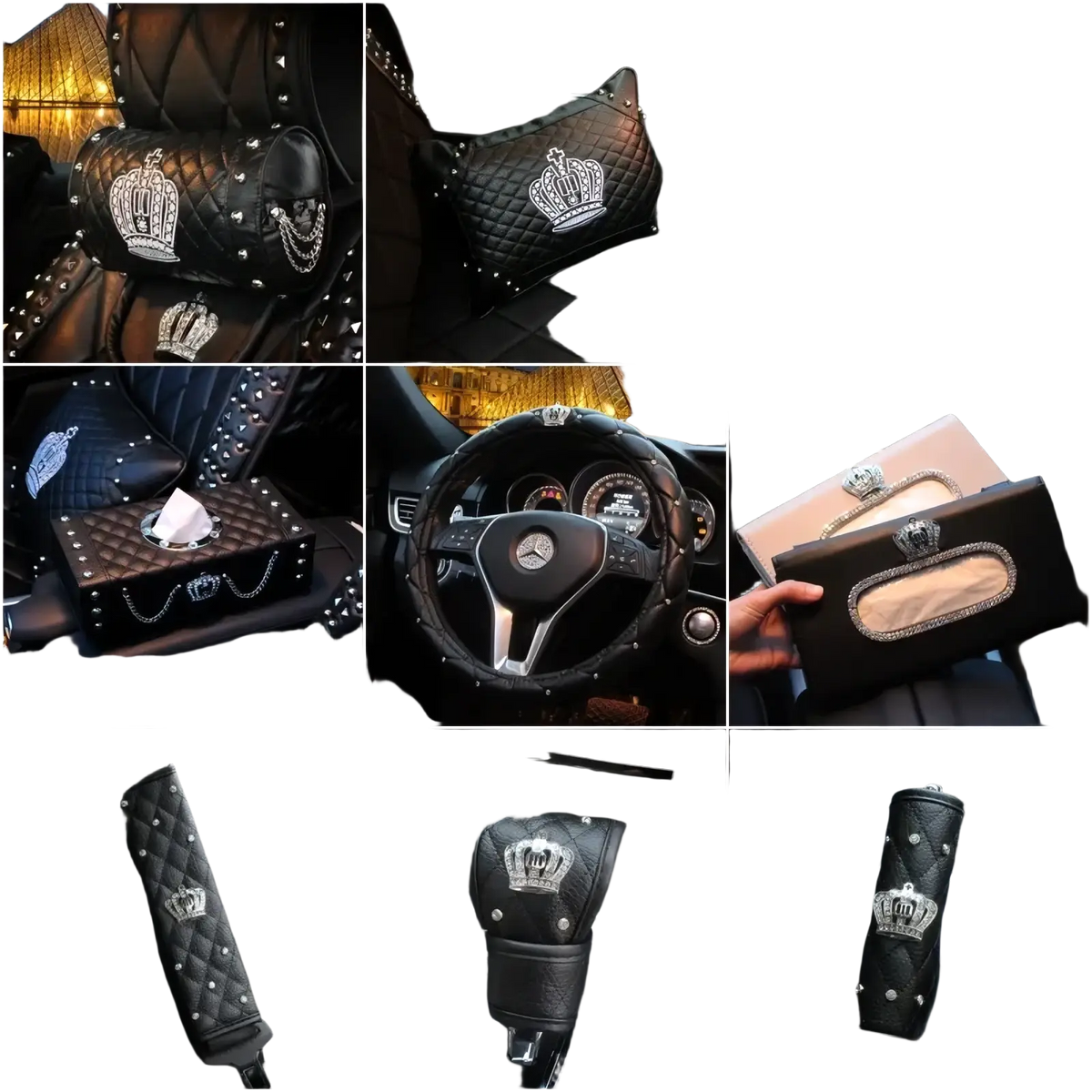 Black quilted leather car steering wheel cover set with silver crown and rhinestone embellishments