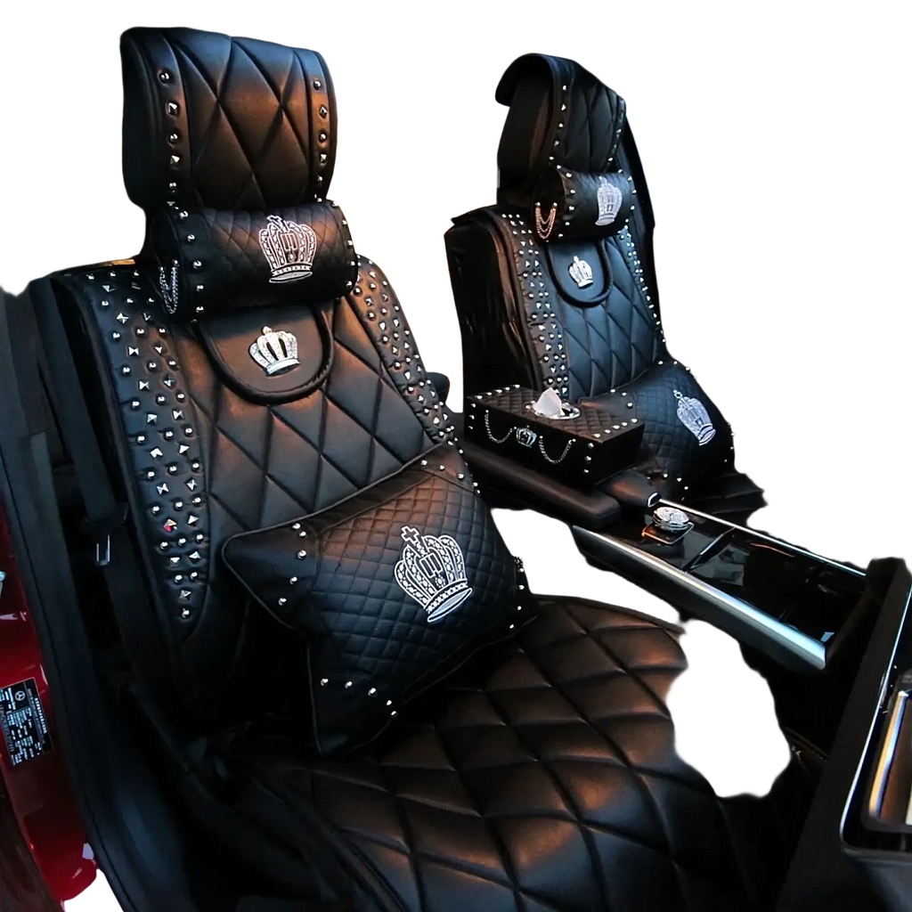 Black quilted leather car seat covers with silver studs and embroidered crowns in the crown leather car steering wheel cover set