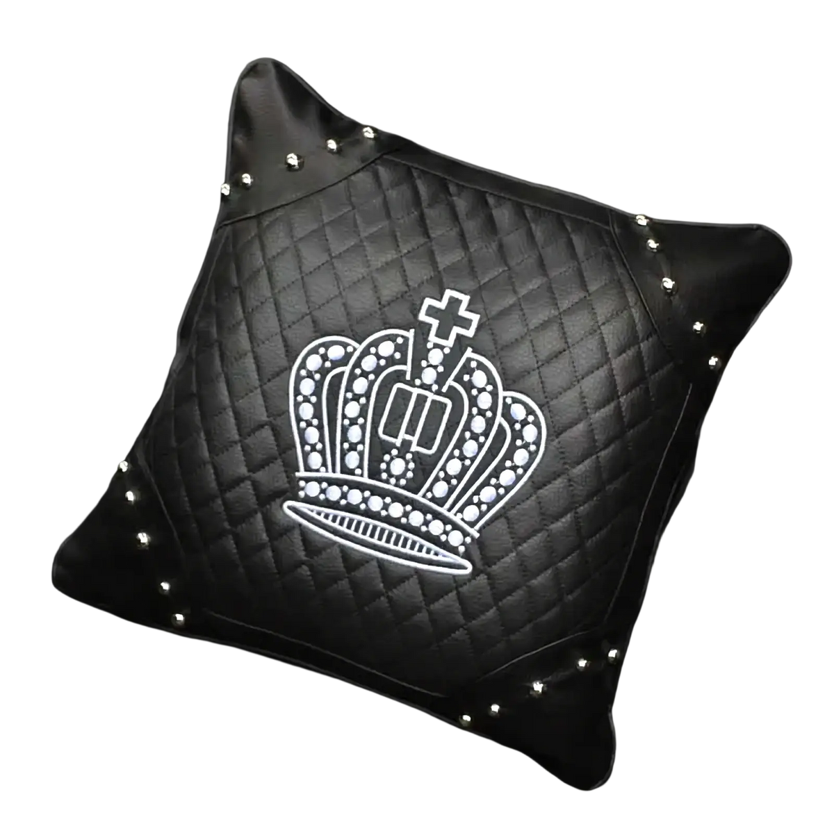 Black quilted leather car seat cushion with white embroidered crown and rhinestone detailing from crown leather set