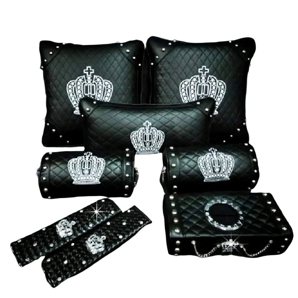 Black quilted leather car steering wheel cover set with silver crown embroidery and studded embellishments