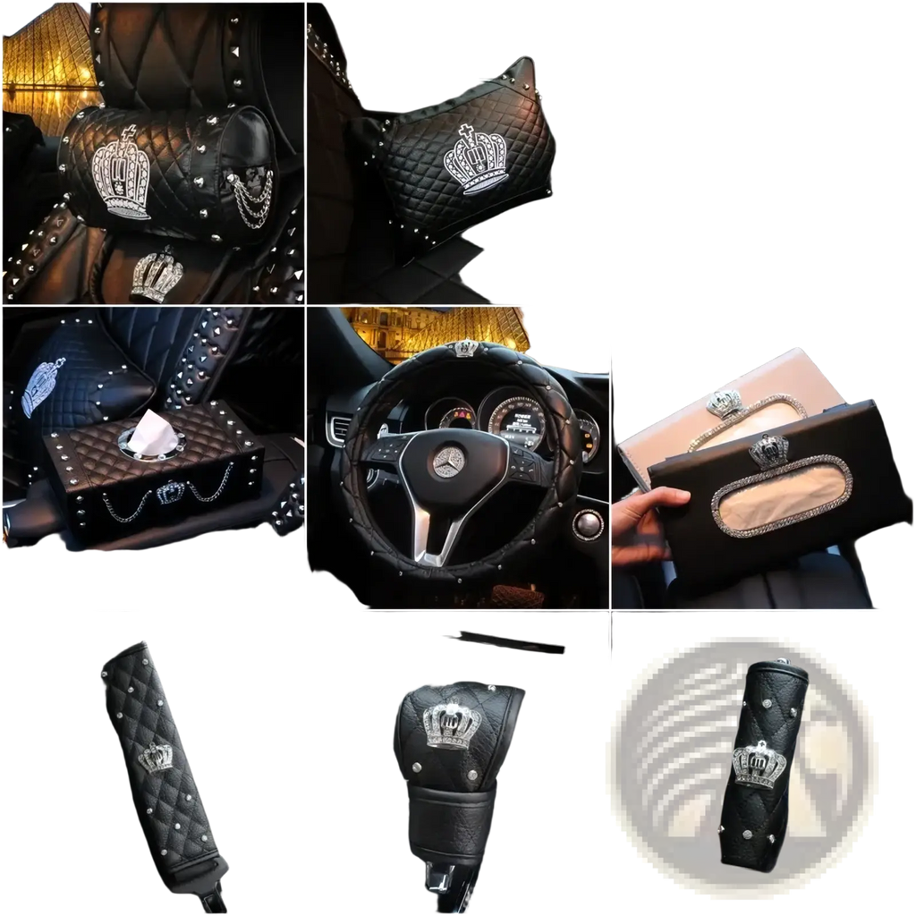 Black quilted leather car steering wheel cover set with silver crown and rhinestone embellishments