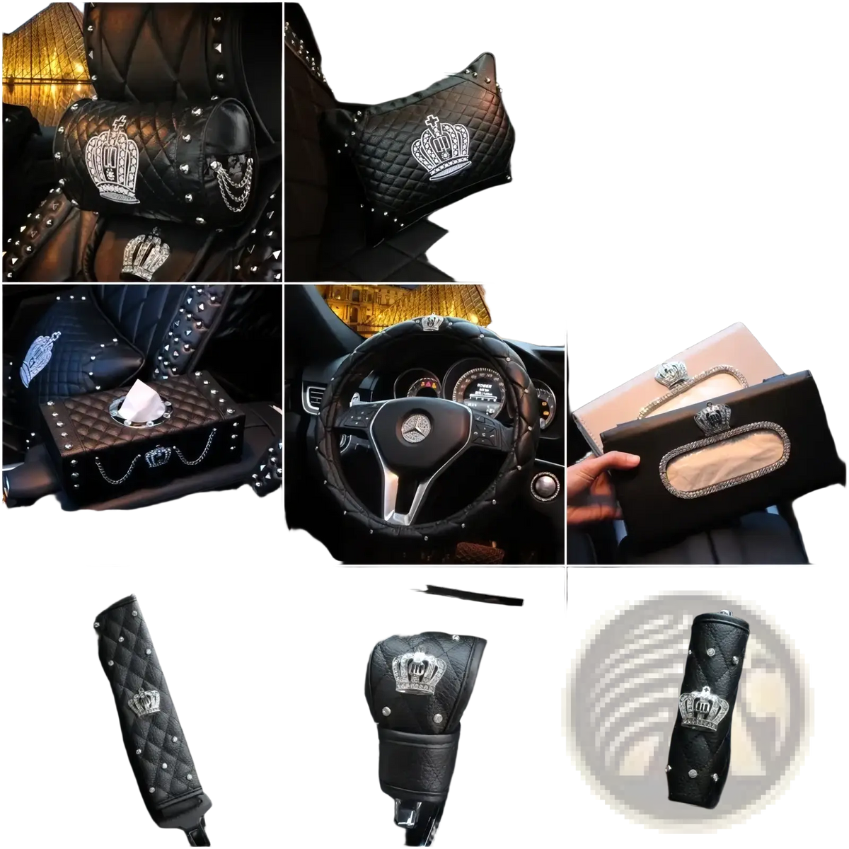 Black quilted leather car steering wheel cover set with silver crown and rhinestone embellishments