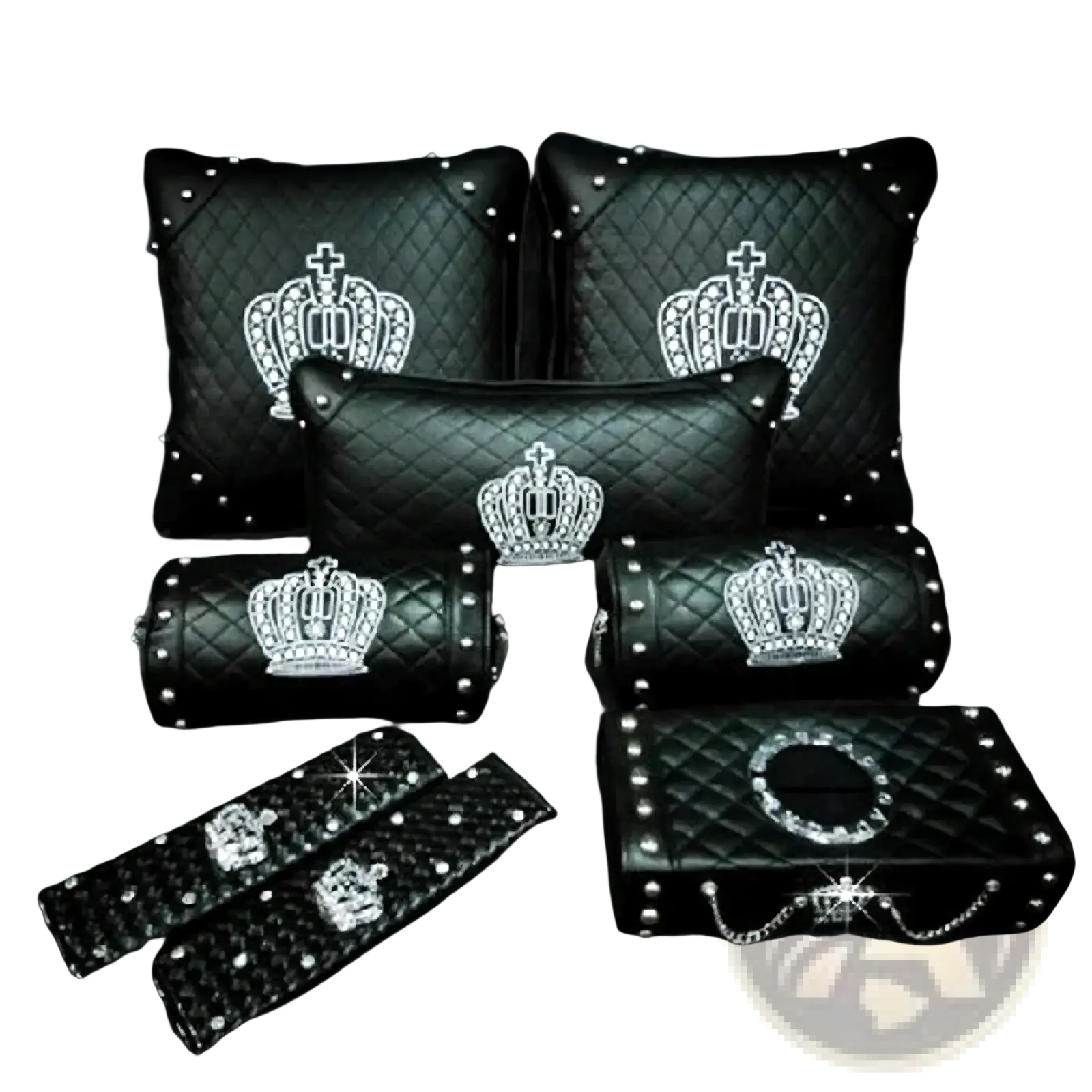 Black quilted leather car steering wheel cover set with silver crown embroidery and studded embellishments