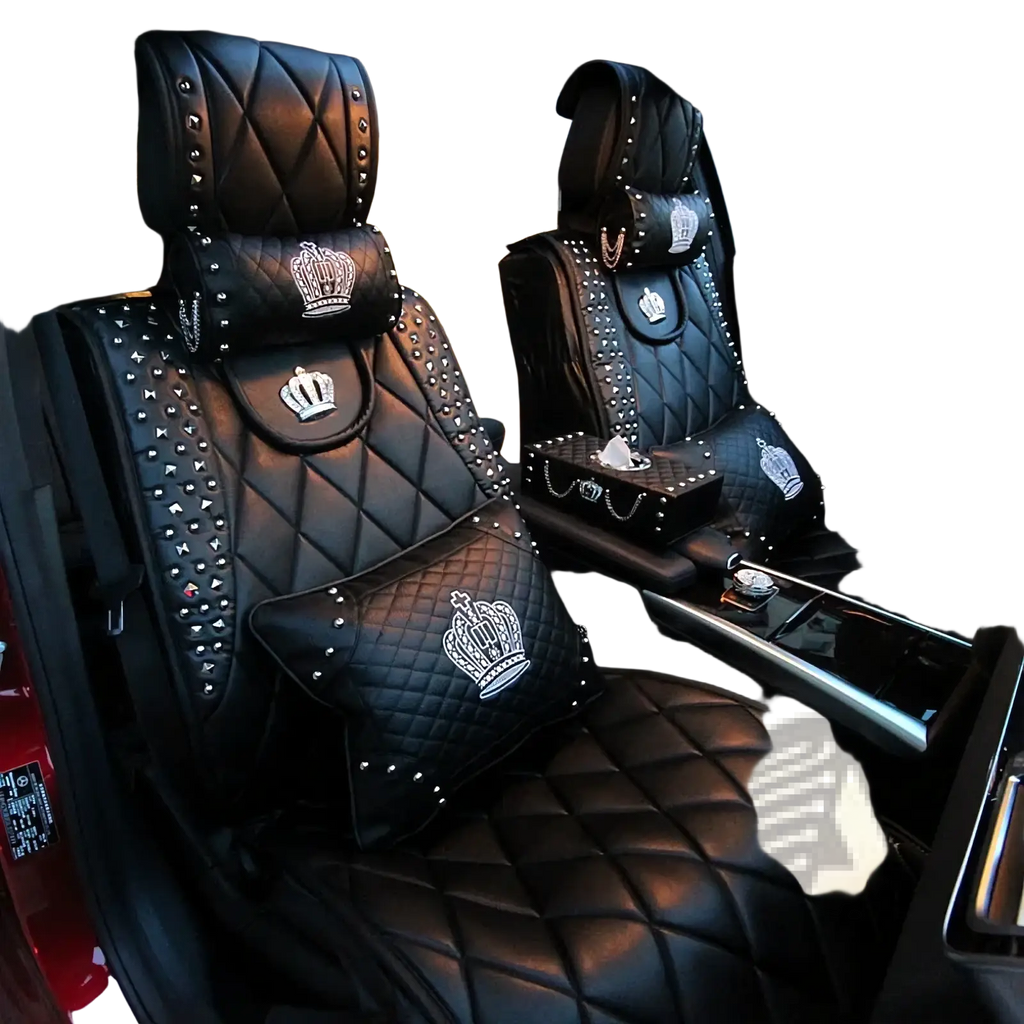 Black quilted leather car seat covers with silver studs and embroidered crowns in the crown leather car steering wheel cover set