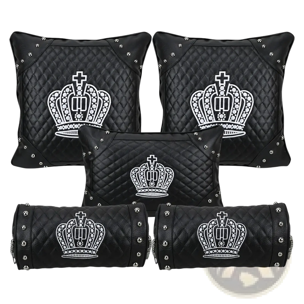 Set of black quilted leather car seat cushions with silver studs and embroidered white crown designs