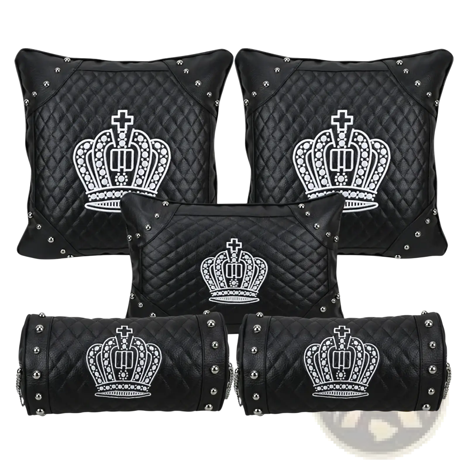 Set of black quilted leather car seat cushions with silver studs and embroidered white crown designs