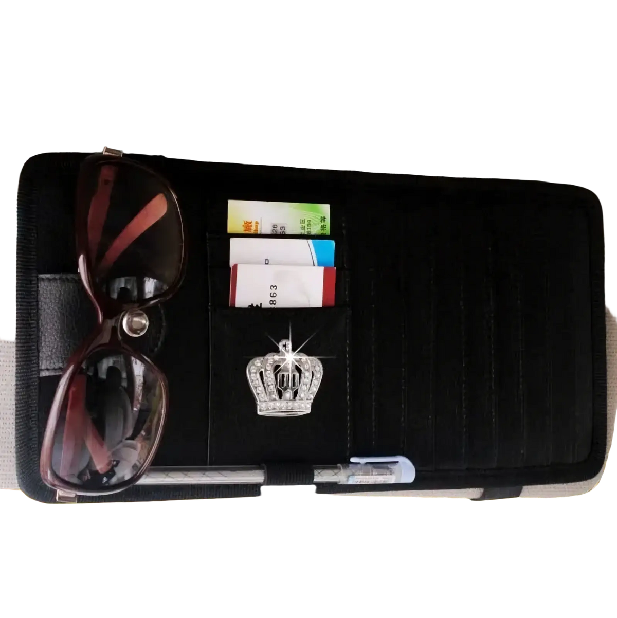 Black leather car visor organizer with silver crown embellishment and compartments for sunglasses cards and pen in crown leather set
