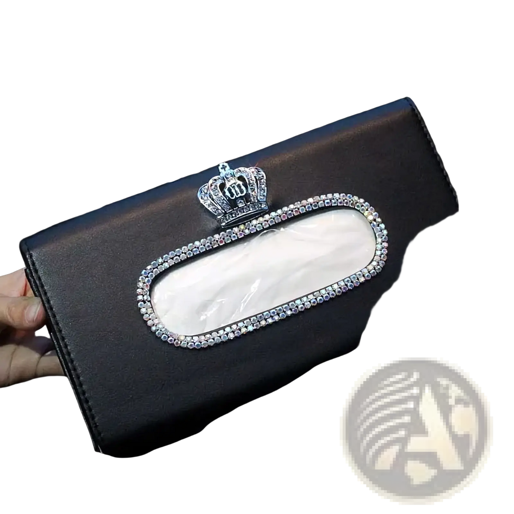 Black leather car tissue box holder with rhinestone oval opening and silver crown from crown leather car steering wheel cover set