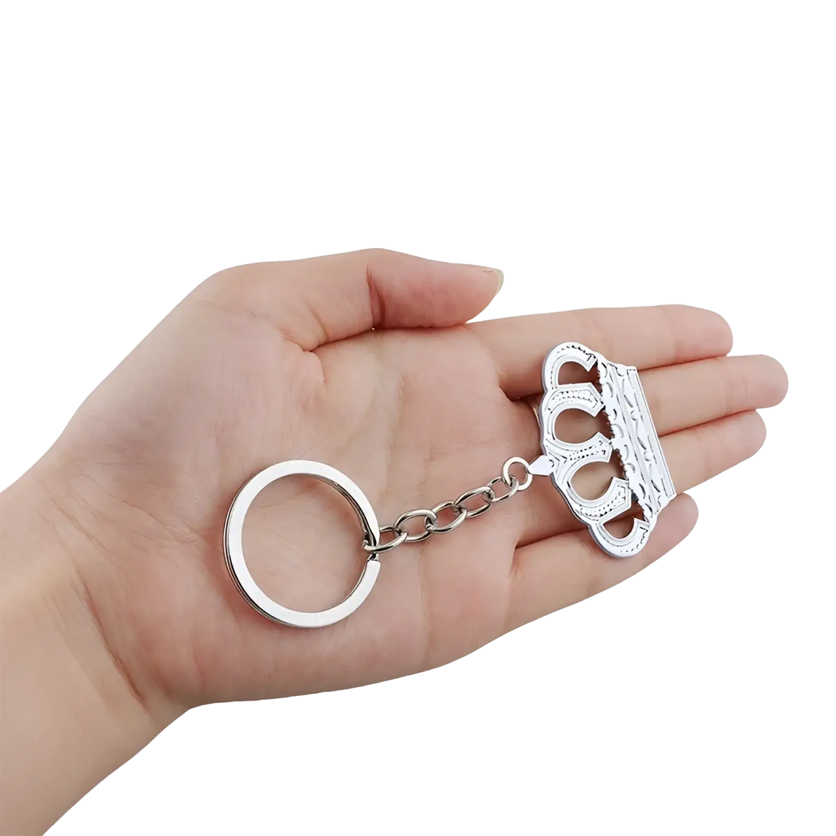 Silver metallic crown-shaped keychain with intricate detailing and chain link attached to a circular ring